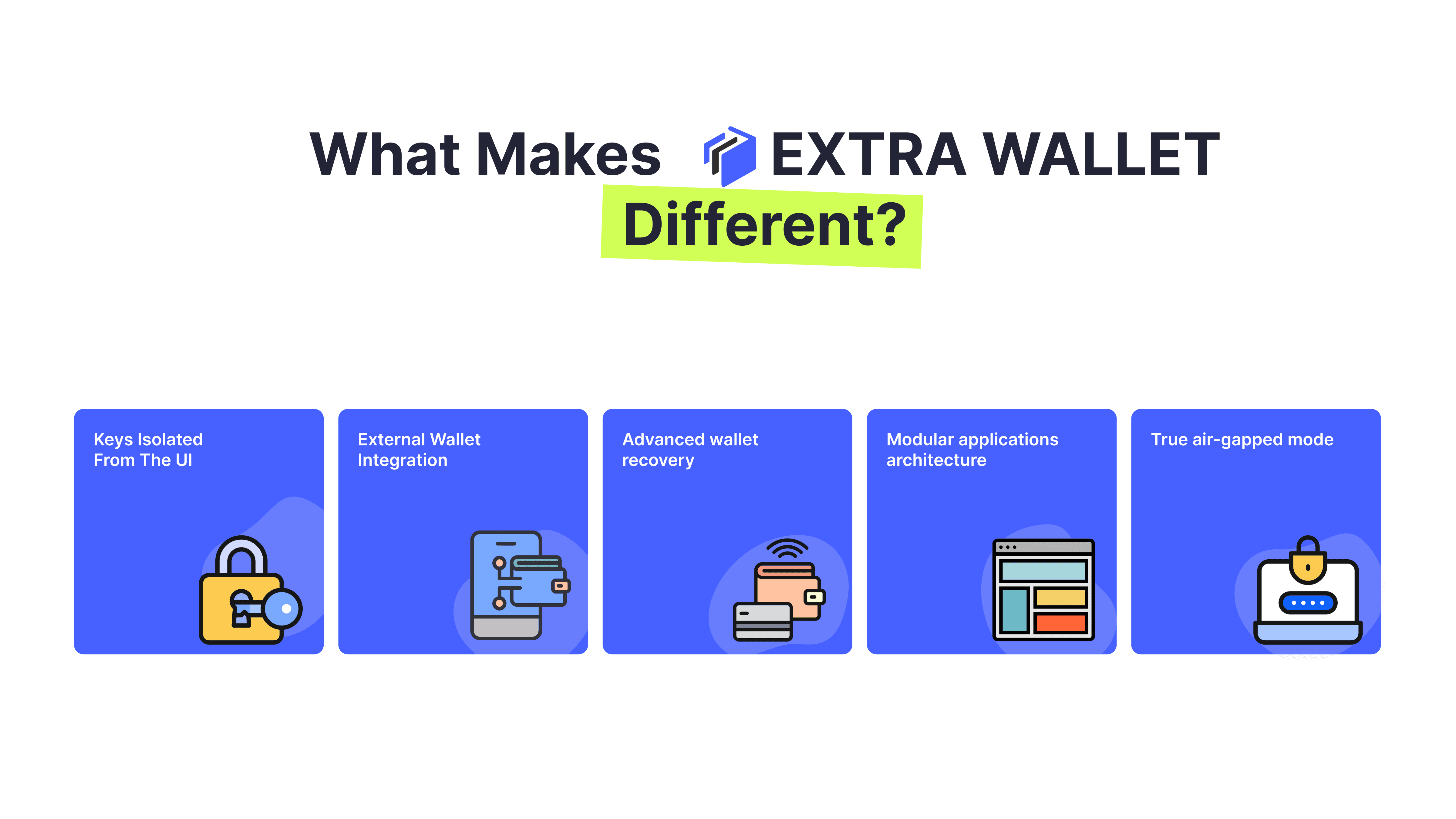 What makes EXTRA WALLET different? 
Keys isolated from UI, External wallet integration, Adwanced wallet recovery, Modular architecture, True air-gapped mode