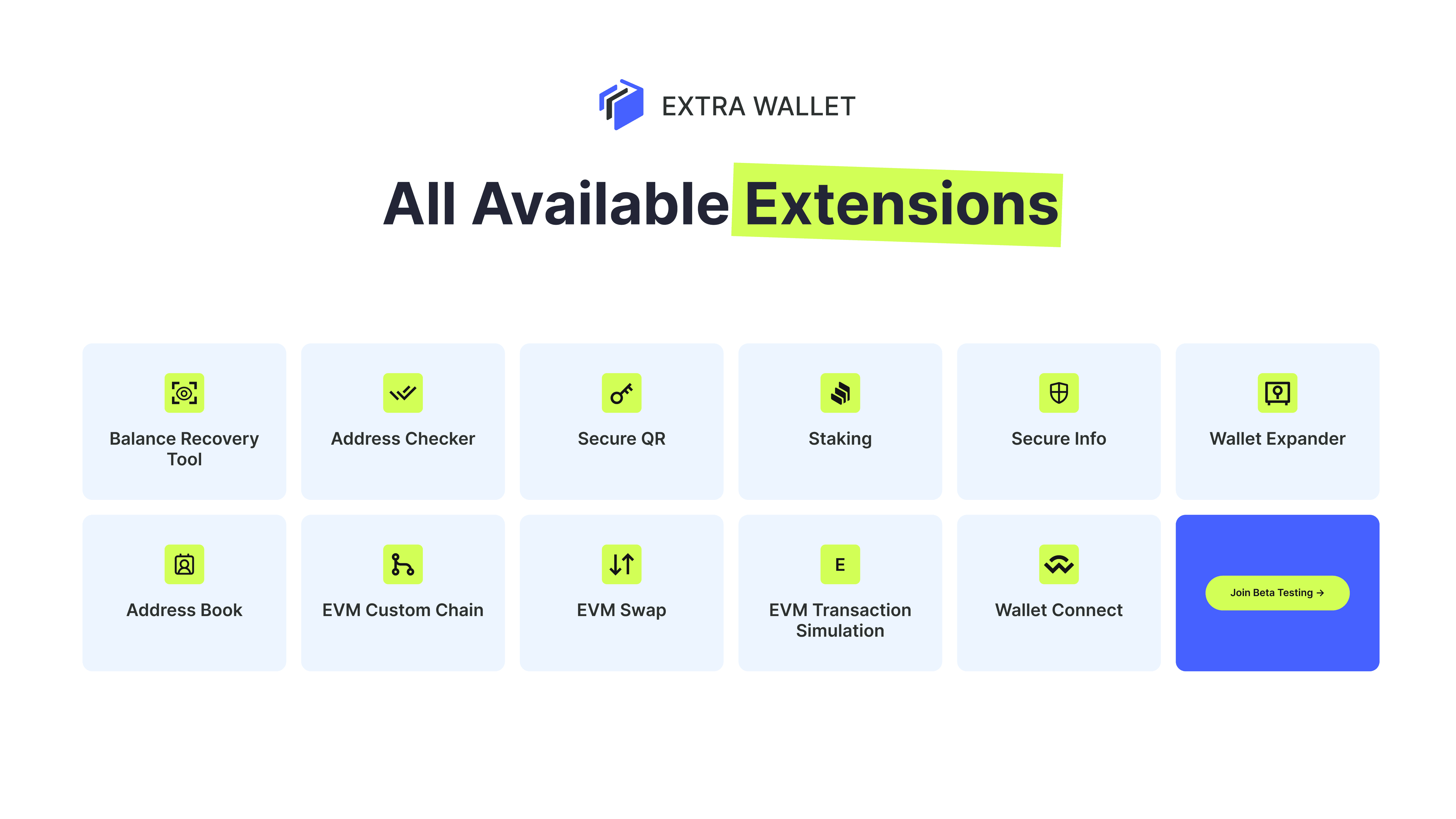 All extensions are available in the Apps section inside your EXTRA WALLET